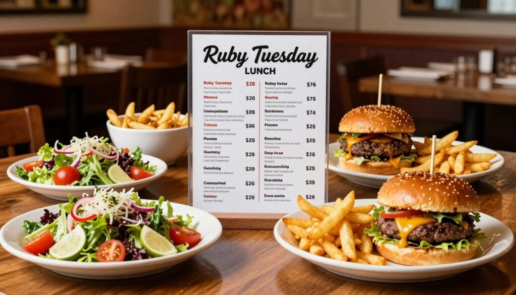 A visually appealing image showcasing a vibrant Ruby Tuesday lunch menu comparison against competitors, arranged on a wooden table. In the foreground, a colorful spread of various lunch dishes from Ruby Tuesday, including a fresh salad, a juicy burger, and a side of fries, all meticulously plated. In the middle, include a well-organized layout of price tags indicating the cost of each item, emphasizing affordability. The background features a blurred dining atmosphere of a Ruby Tuesday restaurant with warm lighting creating a cozy ambiance. The perspective should be slightly above eye level, focusing down on the table while capturing the inviting environment. The mood is friendly and inviting, perfect for casual dining discussions.
