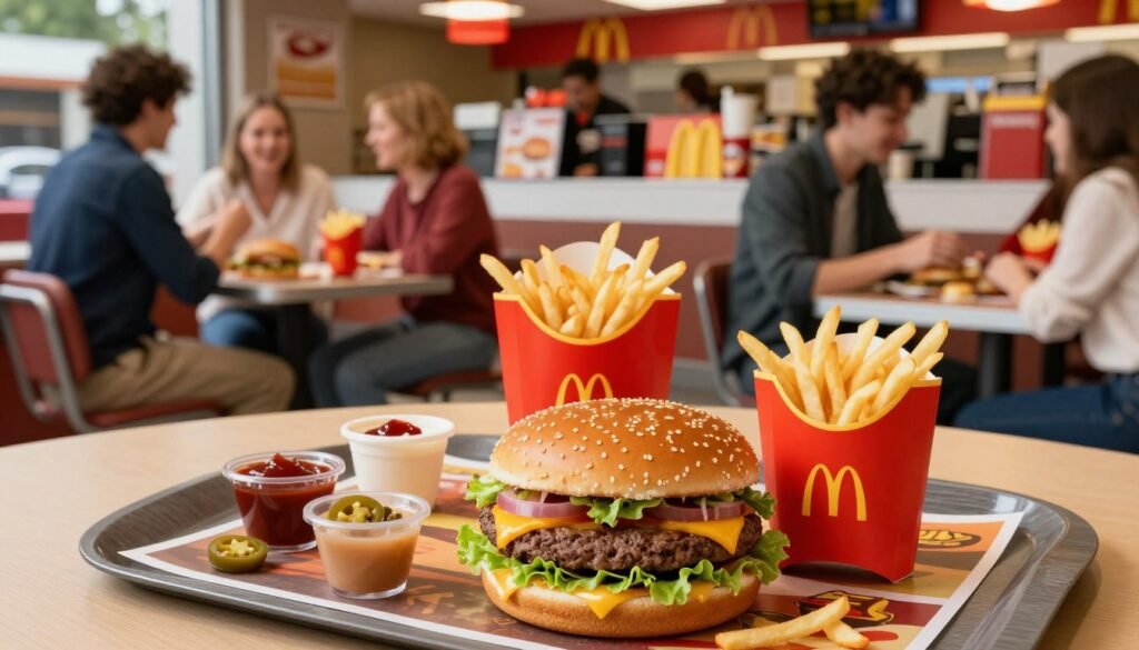 A visually appealing image showcasing the customization options available on McDonald's value menu. In the foreground, feature a close-up of a value meal tray, highlighting a Big Mac and small fries, adorned with a variety of colorful sauces and toppings like jalapeños, onions, and fresh lettuce. The middle ground should depict a busy McDonald's restaurant scene, with customers in smart casual attire happily selecting their meal choices at the ordering counter. In the background, the vibrant red and yellow decor of McDonald's creates an inviting atmosphere. Use warm, natural lighting to emphasize the fresh ingredients and the enticing meals. Capture the scene from a slightly elevated angle to provide a comprehensive view of the dining experience, conveying a lively and enjoyable mood.
