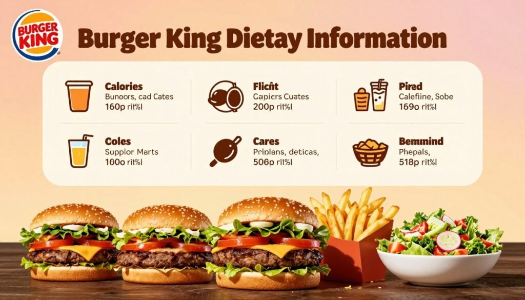 A visually appealing infographic-style image showcasing "Burger King Dietary Information." In the foreground, display a colorful arrangement of popular menu items like burgers, fries, and salads, highlighting their nutritional values such as calories, fats, carbs, and protein. In the middle section, incorporate clear, engaging visuals of nutritional facts, presented in a well-organized layout with icons representing key dietary considerations, like low-calorie options or vegetarian choices. The background should be a soft, warm gradient color reflecting Burger King's brand identity, enhancing the mood of accessibility and health. Use soft, diffused lighting to create a welcoming atmosphere, and view the scene from a slight angle to create depth and interest without overwhelming the viewer. A visually appealing infographic-style image showcasing "Burger King Dietary Information." In the foreground, display a colorful arrangement of popular menu items like burgers, fries, and salads, highlighting their nutritional values such as calories, fats, carbs, and protein. In the middle section, incorporate clear, engaging visuals of nutritional facts, presented in a well-organized layout with icons representing key dietary considerations, like low-calorie options or vegetarian choices. The background should be a soft, warm gradient color reflecting Burger King's brand identity, enhancing the mood of accessibility and health. Use soft, diffused lighting to create a welcoming atmosphere, and view the scene from a slight angle to create depth and interest without overwhelming the viewer.