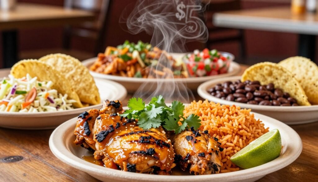 A visually appealing presentation of El Pollo Loco's $5 meal options, featuring a colorful arrangement of various dishes such as grilled chicken, rice, beans, and fresh salsa. In the foreground, showcase a close-up of a vibrant meal plate with steam rising from the chicken, garnished with cilantro and lime. The middle ground includes a variety of side dishes like coleslaw and tortillas, artistically arranged to highlight the value of the $5 menu. The background is softly blurred to suggest a casual dining setting, illuminated with warm, natural lighting that creates an inviting atmosphere. Capture this scene at a slight angle, using a 50mm lens to emphasize the vibrant colors and textures, evoking a feeling of delicious satisfaction and value.
