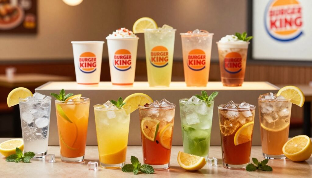 A visually appealing spread of Burger King's healthier drink alternatives. In the foreground, an assortment of colorful beverages including fresh fruit juices, sparkling water, and iced herbal teas elegantly arranged with ice cubes and fresh fruit garnishes like lemon slices and mint leaves. In the middle, a sleek Burger King table backdrop featuring various cups showcasing their logos, illuminated with warm lighting for a vibrant feel. In the background, a blurred view of a Burger King restaurant environment with a focus on refreshing drinks emblematic of a casual dining experience. The atmosphere is bright and invigorating, inviting a sense of health and refreshment, appealing to health-conscious customers. The image is captured in a soft focus to enhance the drink options without any text or distractions.