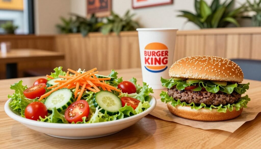 A visually appealing table setting featuring a variety of vibrant, healthy menu items from Burger King, including a large, fresh garden salad topped with colorful vegetables such as cherry tomatoes, cucumbers, and shredded carrots. Next to it, a wholesome veggie burger with leafy greens, served on a whole grain bun, looks appetizing. In the background, a warm, welcoming fast-food interior shows light wood accents and green plant decor, suggesting a fresh atmosphere. The lighting is bright and cheerful, highlighting the freshness of the food. The scene is viewed from a slight overhead angle to capture both the food and the inviting environment, evoking a sense of healthiness and joy in dining.