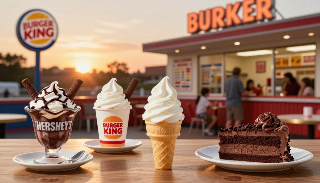 A visually captivating tableau of Burger King desserts through the ages, showcasing a timeline of iconic sweet treats. In the foreground, an arrangement of vintage and modern desserts: a classic Hershey’s sundae, a fluffy soft serve cone, and a decadent chocolate cake slice, all beautifully plated. The middle section features a nostalgic Burger King restaurant setting, highlighting the evolution of décor with retro signage and colorful menus from different eras. In the background, a warm sunset illuminates the sky, casting a golden glow on the scene, creating a nostalgic and inviting atmosphere reminiscent of family gatherings. Use soft focus on the background and a sharp focus on the desserts to draw the viewer’s eye. Capture a sense of joy and indulgence, evoking fond memories of Burger King's dessert offerings over the years, with lighting that enhances the textures and colors of the sweets.