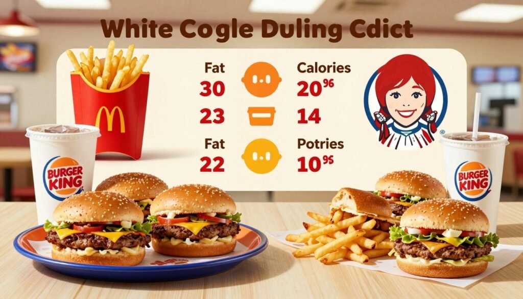 A visually engaging infographic showcasing a fast food nutrition comparison featuring White Castle alongside other popular chains like McDonald's, Burger King, and Wendy's. In the foreground, include a colorful plate with White Castle sliders, fries, and a drink, contrasted with similar offerings from other chains, all arranged neatly. In the middle, depict clear, labeled nutritional stats such as calorie counts, fat, and protein in engaging, bright graphics. The background should feature a simple, blurred fast food restaurant interior, with soft lighting to create a warm, inviting atmosphere. Use a slightly elevated camera angle to capture all elements effectively. The overall mood should be informative yet friendly, emphasizing a balanced approach to fast food nutrition choices.