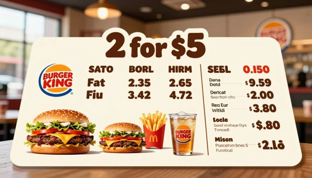 A visually engaging nutritional information chart for Burger King's 2 for $5 menu, crafted in a clean, modern design. In the foreground, a stylized, infographic layout displays calorie counts, fat content, protein levels, and sodium amounts in attractive, bold typography. In the middle ground, colorful illustrations of popular menu items like burgers, fries, and drinks create a vibrant contrast to the textual information. The background features a soft-focus image of a Burger King restaurant setting, warmly lit to convey a welcoming atmosphere. Use bright colors for the food illustrations, balanced with a professional, easy-to-read format. Natural lighting enhances the clarity of the information, while a slight overhead angle gives depth to the chart. Aim for an informative yet inviting mood, appealing to budget-conscious diners.