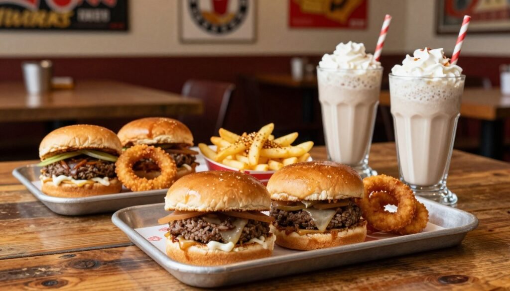 A vivid display of a White Castle meal combination featuring several iconic menu items arranged on a rustic wooden table. In the foreground, focus on a tray with two sliders, crispy golden onion rings, and a thick milkshake, each item glistening under soft, warm lighting. In the middle, include a small plate with a side of fries sprinkled with seasoning. The background should softly blur to reveal a casual dining setting with pop-culture-themed decor. The atmosphere is inviting and relaxed, evoking a sense of nostalgia for fast-food staples. Use a wide-angle lens perspective to capture the entire meal spread, ensuring rich colors and inviting textures are highlighted.