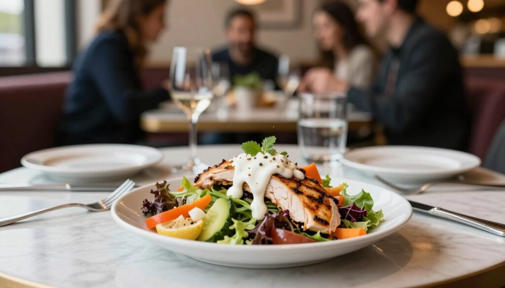 A well-arranged dish from Ruby Tuesday's gluten-sensitive menu displayed prominently in the foreground, featuring a colorful salad with vibrant vegetables, grilled chicken, and gluten-free dressing. The middle ground showcases an elegant table setting with silverware and a water glass, hinting at a cozy restaurant environment. In the background, the soft lighting creates a warm atmosphere, with blurred images of diners enjoying their meals, highlighting a sense of community. The image is captured with a shallow depth of field, utilizing natural light to enhance the freshness of the food. The overall mood is inviting and reassuring, emphasizing the safe dining experience for those with gluten sensitivities. The composition should focus on food aesthetics without any text or distractions.