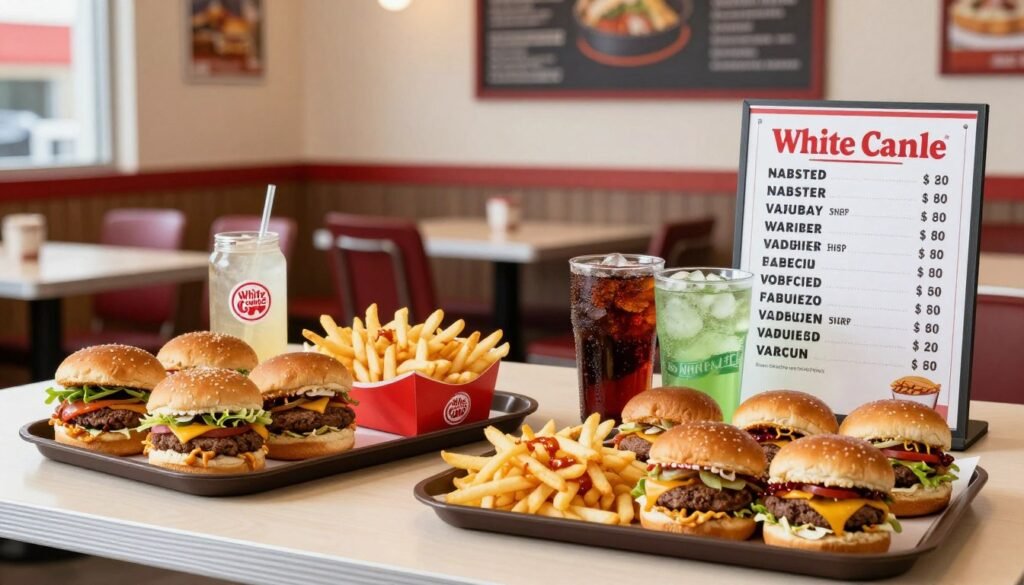 A well-arranged table showcasing White Castle's value menu with prices prominently displayed. In the foreground, include a colorful spread of iconic menu items such as sliders, fries, and soft drinks, meticulously presented on a stylish tray. In the middle ground, focus on a modern, inviting diner setting, featuring bright lighting that highlights the food, and a casual restaurant background with subtle decor elements. The scene should evoke a warm and friendly atmosphere, appealing to budget-conscious diners. Utilize a slightly overhead angle to capture the details of the food items while keeping the surrounding environment in view. Ensure the image feels vibrant and enticing, perfect for illustrating budget-friendly dining options.