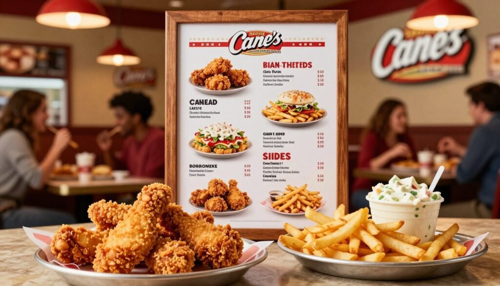 A well-lit, enticing display of a Raising Cane's menu board showcasing various chicken finger meals and sides. In the foreground, a vibrant platter of crispy chicken fingers alongside golden fries and a cup of creamy coleslaw, glistening under warm overhead lights. In the middle, an elegant, wooden menu board highlights the prices in a clear, appealing font, adorned with colorful images of the food items. The background is softly blurred, featuring a cozy Raising Cane's restaurant interior with cheerful patrons enjoying their meals. The overall atmosphere is inviting and lively, capturing the essence of a friendly dining experience focused on delicious comfort food. Use a warm color palette to enhance the visual appeal, with soft focus and a slight vignette effect to draw attention to the menu and food items.