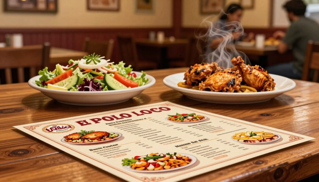 An artistic illustration of El Pollo Loco's nutritional information displayed on a wooden restaurant table. In the foreground, an elegant menu card featuring vibrant images of grilled chicken, fresh vegetables, and wholesome sides, artistically arranged. The middle layer shows a soft focus on a colorful salad and a steaming plate of chicken, highlighting healthy ingredients. The background is a rustic dining environment, with warm lighting creating a cozy atmosphere, and a blurred view of diners enjoying their meals. The composition conveys a sense of deliciousness and health-conscious dining, evoking an inviting and appetizing mood without any text or distractions.