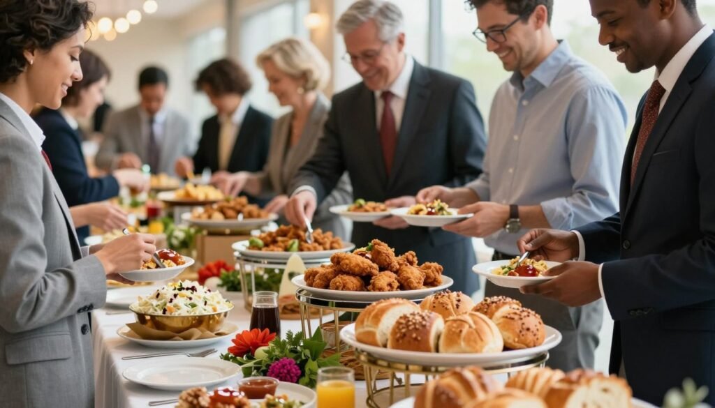 An elegantly arranged catering table featuring a selection of Raising Cane's signature dishes, including crispy fried chicken, signature sauce, coleslaw, and freshly baked bread. In the foreground, there are stylish serving platters and vibrant garnishes. A diverse group of people in professional business attire is engaging happily, some serving food while others enjoy the meal, conveying a sense of camaraderie and celebration. In the background, soft bokeh lights create a warm and inviting atmosphere, enhancing the mood of a large event. The lighting is bright and friendly, capturing a lively daytime setting, with a slight depth of field to draw focus on the food and interactions, suggesting joy and togetherness at the gathering.