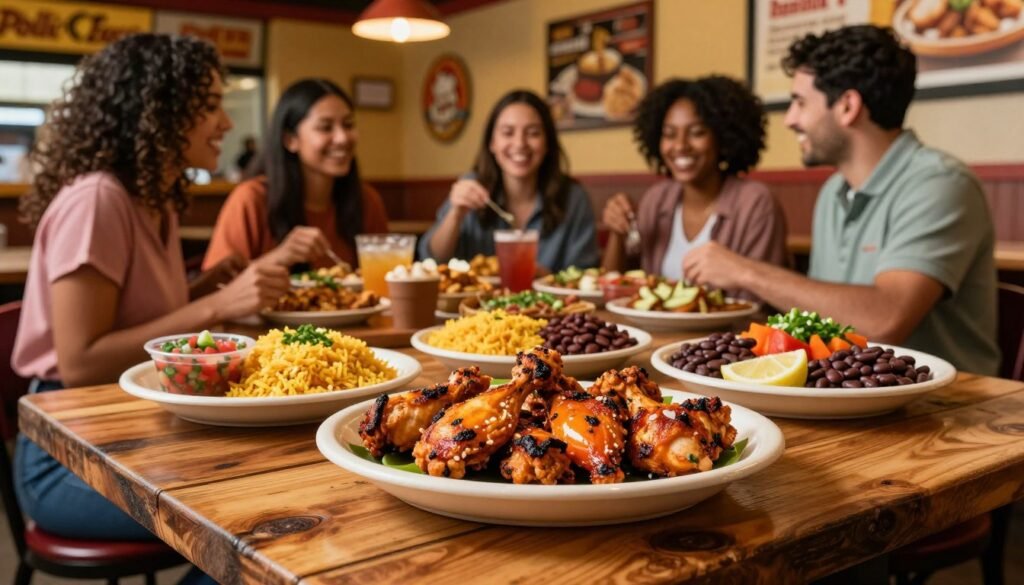 An enticing display of El Pollo Loco's value deals and combo offers, featuring a vibrant plate of grilled chicken, colorful sides like rice, beans, and fresh salsa, all beautifully arranged. In the foreground, a welcoming, rustic wooden table showcases the meals, accented by a background of a cozy fast-casual restaurant atmosphere with warm lighting that invites diners in. The middle layer reveals a friendly, diverse group of people in casual attire enjoying their meals, smiling and sharing. The focus is on the food, illuminated softly to enhance its textures and colors, creating a mouthwatering appeal. The angle is slightly elevated to capture the pleasing arrangement and ambiance, evoking a sense of comfort and inviting atmosphere that highlights the value of delicious, affordable dining options.